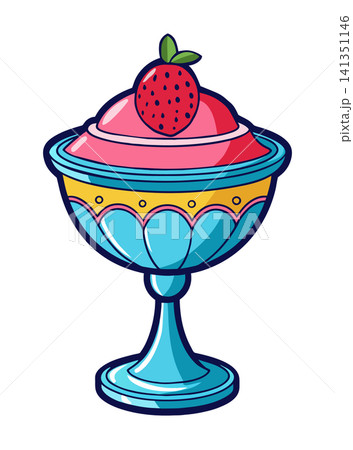 Strawberry ice cream in a plate. Sweet sundae. Fast food restaurant frozen dessert. Cartoon vector illustration. Strawberry ice cream in a plate. Sweet sundae. Fast food restaurant frozen dessert. Cartoon vector illustration. 141351146