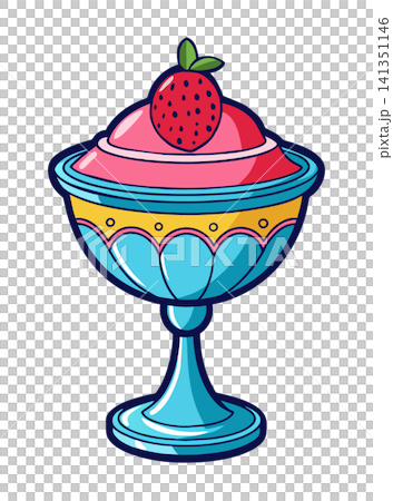 Strawberry ice cream in a plate. Sweet sundae. Fast food restaurant frozen dessert. Cartoon vector illustration. Strawberry ice cream in a plate. Sweet sundae. Fast food restaurant frozen dessert. Cartoon vector illustration. 141351146