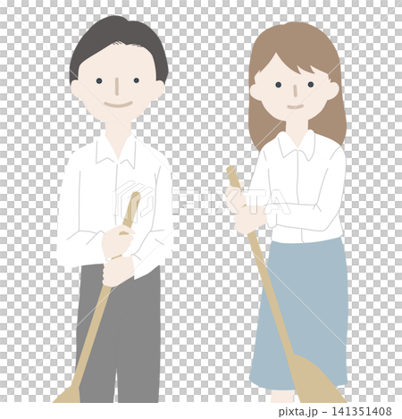Illustration of a man and woman sweeping with brooms. 141351408