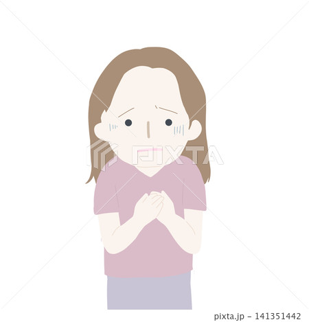不安そうな表情で胸の前で手を組む女性のイラスト 141351442