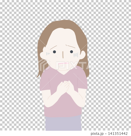 不安そうな表情で胸の前で手を組む女性のイラスト 141351442