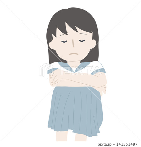 腕を組んで悩む・落ち込む女の子（セーラー服）のイラスト 141351497