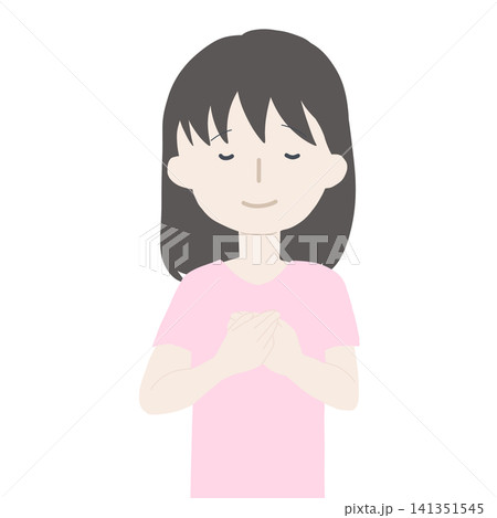 胸に手を当てて目を閉じ微笑む若い女性のイラスト 胸に手を当てて目を閉じ微笑む若い女性のイラスト 141351545