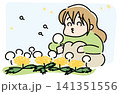 たんぽぽ畑で綿毛を吹く女の子のイラスト｜春・のどかな癒し素材 141351556