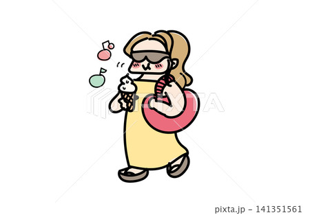 アイスクリームを食べるサングラスの女性のイラスト|夏・おでかけ アイスクリームを食べるサングラスの女性のイラスト|夏・おでかけ 141351561