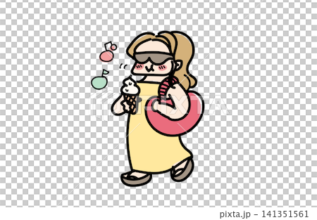 アイスクリームを食べるサングラスの女性のイラスト|夏・おでかけ アイスクリームを食べるサングラスの女性のイラスト|夏・おでかけ 141351561