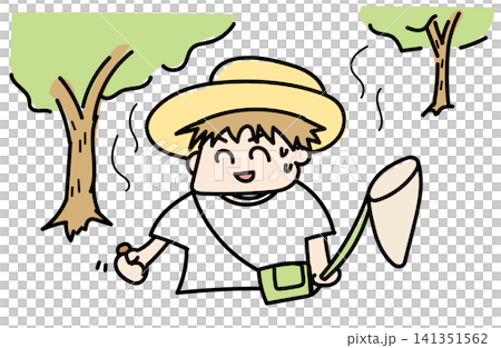 戴著草帽、手持捕蝶網的男孩的插圖 | 暑假,自然體驗 戴著草帽、手持捕蝶網的男孩的插圖 | 暑假,自然體驗 141351562