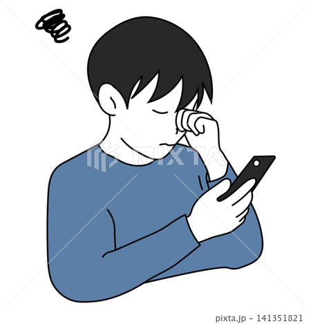 スマホの見すぎで目が疲れて目をこする子どものイラスト スマホの見すぎで目が疲れて目をこする子どものイラスト 141351821