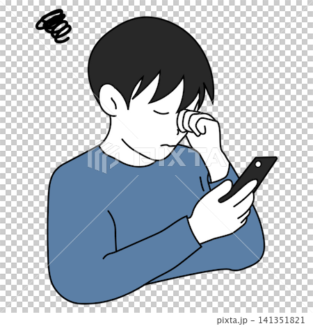 スマホの見すぎで目が疲れて目をこする子どものイラスト スマホの見すぎで目が疲れて目をこする子どものイラスト 141351821