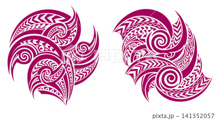 Intricate swirling shapes adorned with traditional Polynesian style tribal patterns for creative projects Intricate swirling shapes adorned with traditional Polynesian style tribal patterns for creative projects 141352057