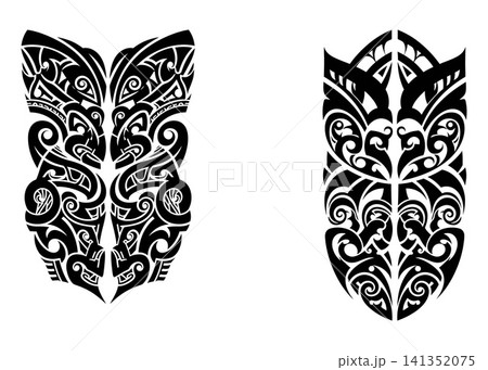 Intricate tribal style Polynesian tattoo designs featuring bold patterns and traditional motifs for body ornamentation Intricate tribal style Polynesian tattoo designs featuring bold patterns and traditional motifs for body ornamentation 141352075