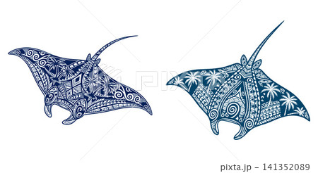 Marine life vector featuring manta rays filled with detailed tribal artwork and tropical palm tree motifs Marine life vector featuring manta rays filled with detailed tribal artwork and tropical palm tree motifs 141352089