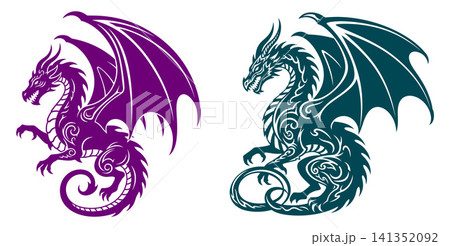 Mythical flying dragon creatures with intricate tribal details, perfect for fantasy themed projects or unique logos Mythical flying dragon creatures with intricate tribal details, perfect for fantasy themed projects or unique logos 141352092
