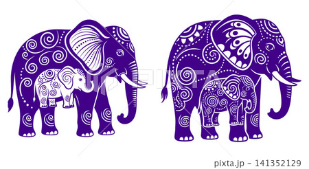 Ornate mother and baby elephant vector illustration with intricate patterns, perfect for family themed design projects 141352129