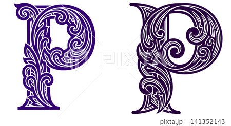 Ornate uppercase letter P vector illustration with elegant vintage scrollwork and detailed calligraphic flourishes Ornate uppercase letter P vector illustration with elegant vintage scrollwork and detailed calligraphic flourishes 141352143