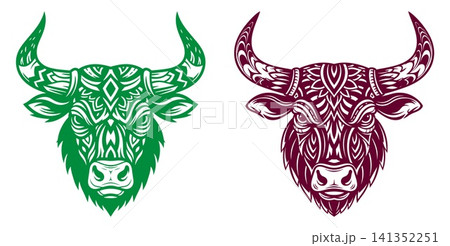Powerful bull head vector illustration featuring intricate tribal patterns on its face and horns, representing strength and determination 141352251
