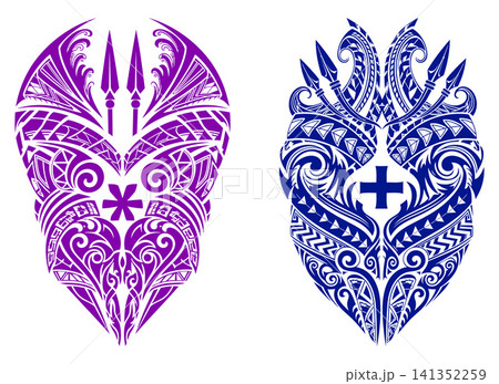 Powerful tribal shield illustration with stylized mask elements and intricate traditional patterns 141352259