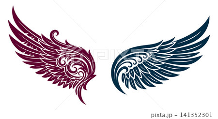 Stylized feather wings design in a decorative emblem style, perfect for symbolic branding or graphic overlays Stylized feather wings design in a decorative emblem style, perfect for symbolic branding or graphic overlays 141352301