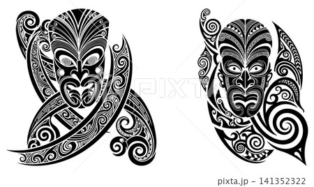 Stylized Maori ceremonial masks with intricate tribal patterns representing indigenous culture and tradition Stylized Maori ceremonial masks with intricate tribal patterns representing indigenous culture and tradition 141352322