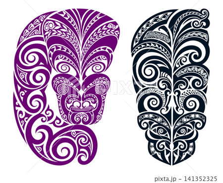 Stylized Maori tattoo designs featuring intricate patterns and symbolic tribal motifs, suitable for cultural artwork Stylized Maori tattoo designs featuring intricate patterns and symbolic tribal motifs, suitable for cultural artwork 141352325
