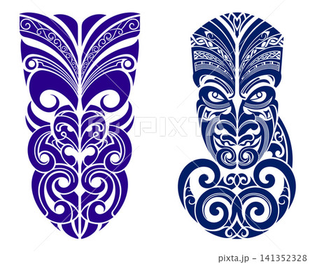 Stylized mask and body shapes featuring traditional Polynesian tribal patterns for cultural themes Stylized mask and body shapes featuring traditional Polynesian tribal patterns for cultural themes 141352328