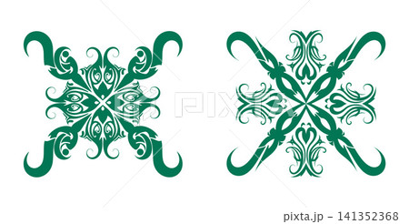 Stylized symmetrical tribal inspired designs with flowing curves and an elaborate crossover composition Stylized symmetrical tribal inspired designs with flowing curves and an elaborate crossover composition 141352368