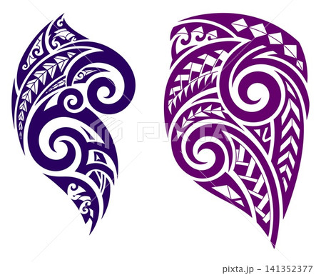 Stylized tribal patterns creating intricate decorative shapes, inspired by traditional Polynesian and Maori cultural motifs for unique designs Stylized tribal patterns creating intricate decorative shapes, inspired by traditional Polynesian and Maori cultural motifs for unique designs 141352377