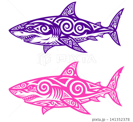 Stylized tribal shark illustrations featuring traditional Polynesian patterns, ideal for logo or tattoo designs Stylized tribal shark illustrations featuring traditional Polynesian patterns, ideal for logo or tattoo designs 141352378