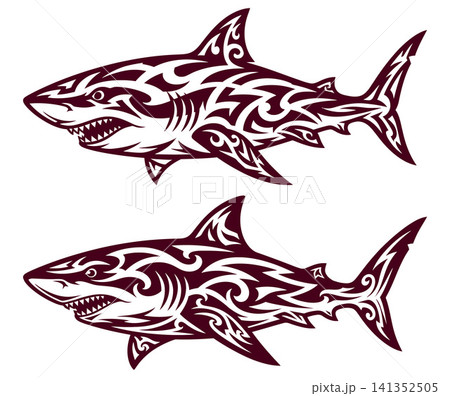 Two swimming shark vector illustrations in a bold tribal tattoo style for graphic projects Two swimming shark vector illustrations in a bold tribal tattoo style for graphic projects 141352505