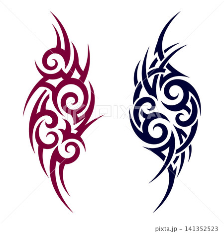 Vertical tribal tattoo style motifs showcasing flame like shapes with intricate swirling patterns Vertical tribal tattoo style motifs showcasing flame like shapes with intricate swirling patterns 141352523