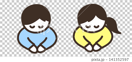 The upper bodies of a cute, round-faced man and woman bowing. The upper bodies of a cute, round-faced man and woman bowing. 141352597