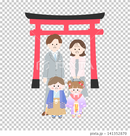 手繪平面插圖,描繪了一家四口前往神社參加七五三(日本兒童的傳統成年禮)的場景。 手繪平面插圖,描繪了一家四口前往神社參加七五三(日本兒童的傳統成年禮)的場景。 141352870