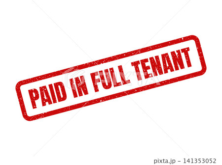 Red grunge style rubber stamp indicating a tenant has completed their rent payment, presented at an angle Red grunge style rubber stamp indicating a tenant has completed their rent payment, presented at an angle 141353052