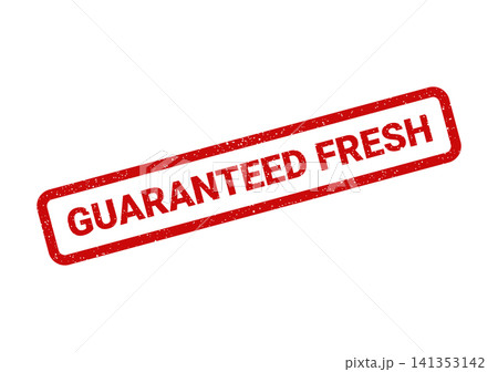 Red grunge textured seal impression displaying the phrase guaranteed fresh for produce or food product quality 141353142