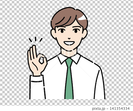 A color illustration of a young man in a dress shirt giving a cheerful OK sign with a smile. A color illustration of a young man in a dress shirt giving a cheerful OK sign with a smile. 141354334