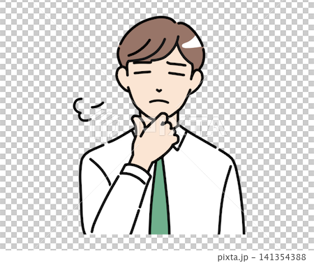 An illustration of a young man in a dress shirt with his eyes closed and sighing. 141354388