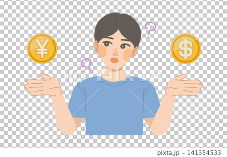 An illustration of a man comparing the values of the yen and the dollar. An illustration of a man comparing the values of the yen and the dollar. 141354533