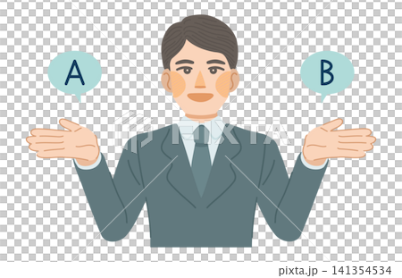 An illustration of a man in a suit smiling and proposing options A and B. An illustration of a man in a suit smiling and proposing options A and B. 141354534
