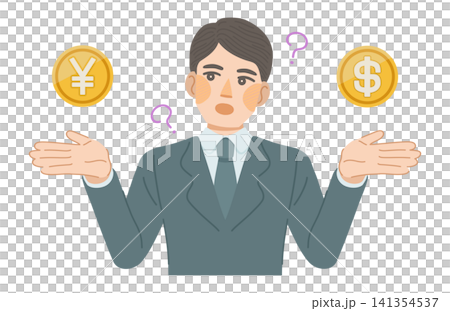 円とドルの価値を比較する男性会社員のイラスト 円とドルの価値を比較する男性会社員のイラスト 141354537