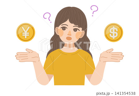 円とドルの価値を比較する女性のイラスト 円とドルの価値を比較する女性のイラスト 141354538