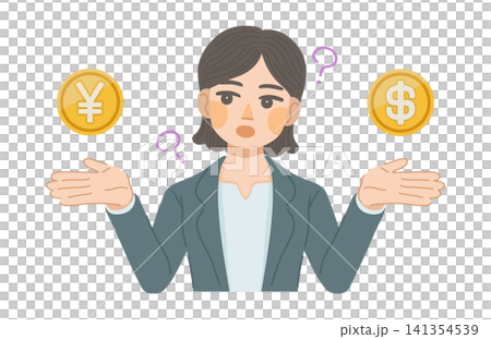 An illustration of a female office worker comparing the values of the yen and the dollar. An illustration of a female office worker comparing the values of the yen and the dollar. 141354539