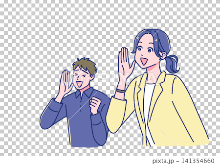 年輕的動漫風格上班族們面帶笑容地歡呼雀躍。 年輕的動漫風格上班族們面帶笑容地歡呼雀躍。 141354660