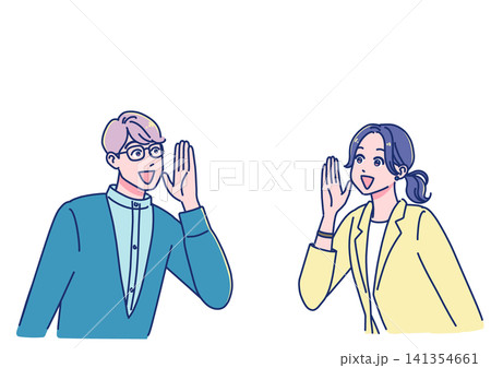 笑顔で声援を送るアニメ調の若い会社員たち 141354661