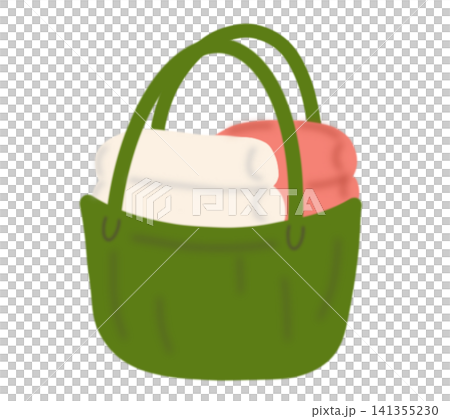 Cute cartoon illustration of a green basket filled with folded towels Cute cartoon illustration of a green basket filled with folded towels 141355230