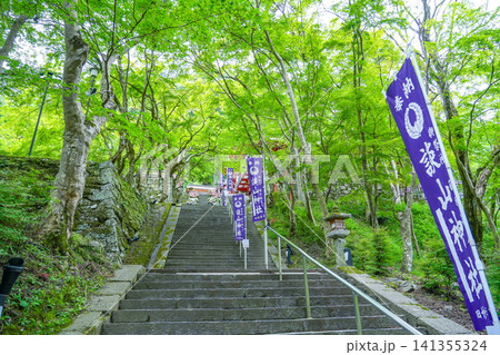 奈良県桜井市　新緑が美しい談山神社の入り口の階段と幟旗 141355324