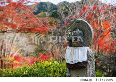 Buddha statue by autumn maple leaf at Hasedera Temple, Sakurai, Nara 141355969