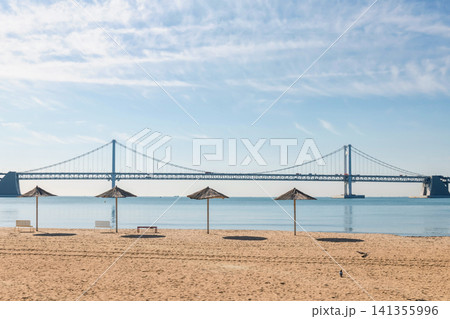 Gwangalli beach with view of Gwangan Bridge, Busan, Korea Gwangalli beach with view of Gwangan Bridge, Busan, Korea 141355996