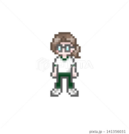 ドット絵のメガネをかけた半袖ジャージ姿の女性 141356031