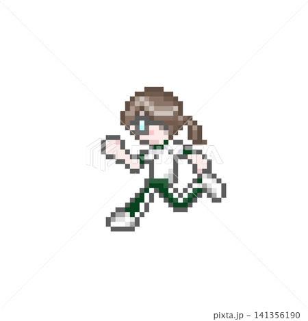 ドット絵の走るメガネをかけた半袖ジャージ姿の女性 141356190