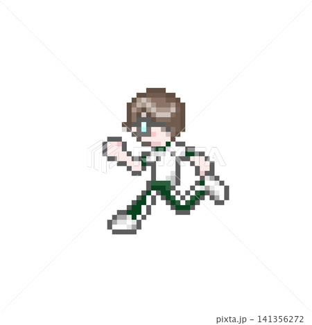 ドット絵の走るメガネをかけた半袖ジャージ姿の男性 141356272